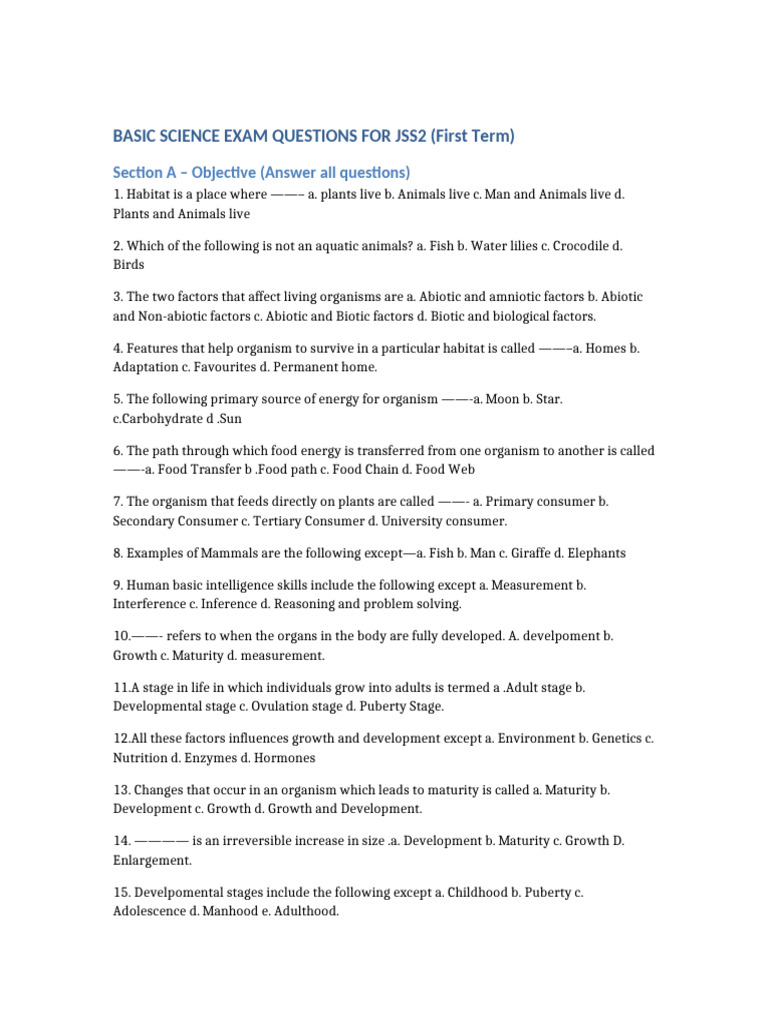 JSS2 First Term Basic Science Exam Questions | PDF | Adolescence ...