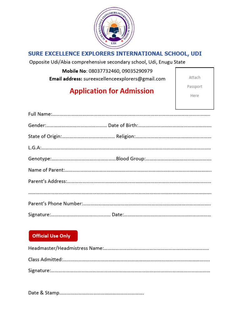 Admission Application Form - Sure Excellence Explorers School | PDF