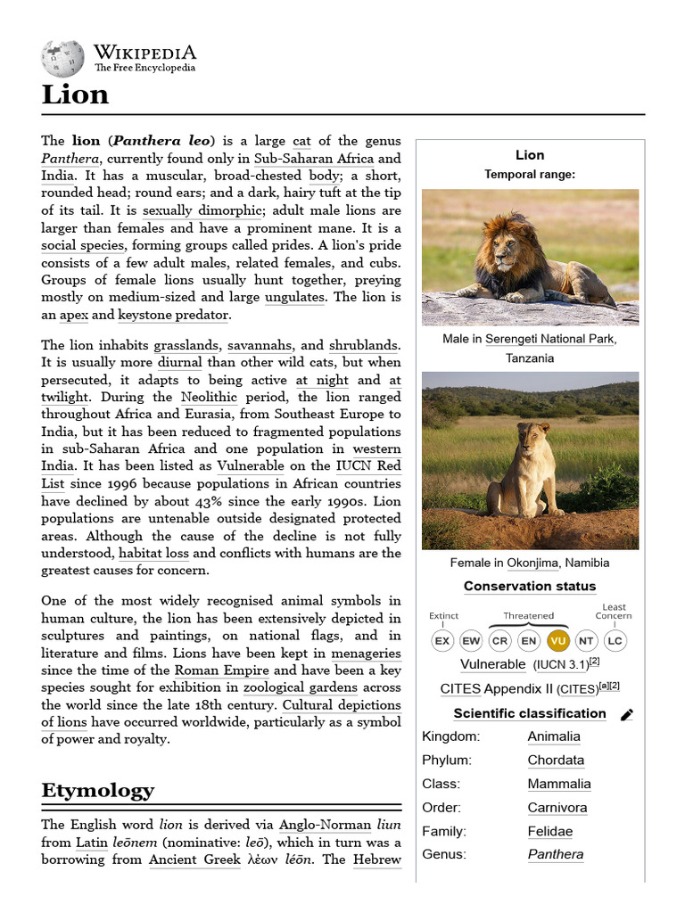 Lion Wikipedia Pdf Lion Panthera 