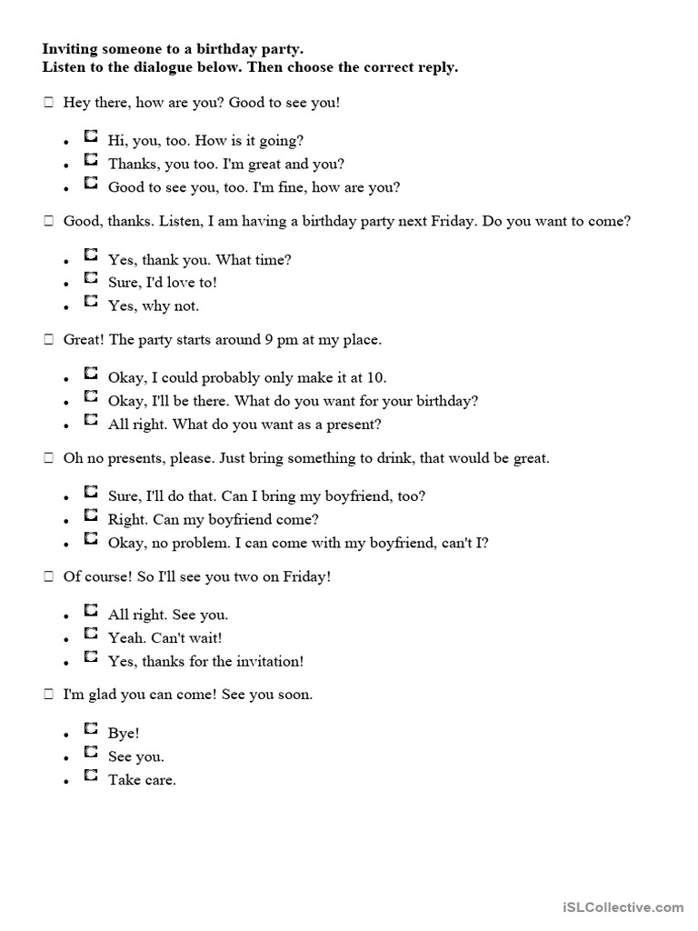 Birthday Party Invitation Dialogue | PDF