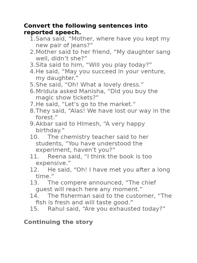 Class 9 Worksheet (Reported Speech and Story Writing) | PDF