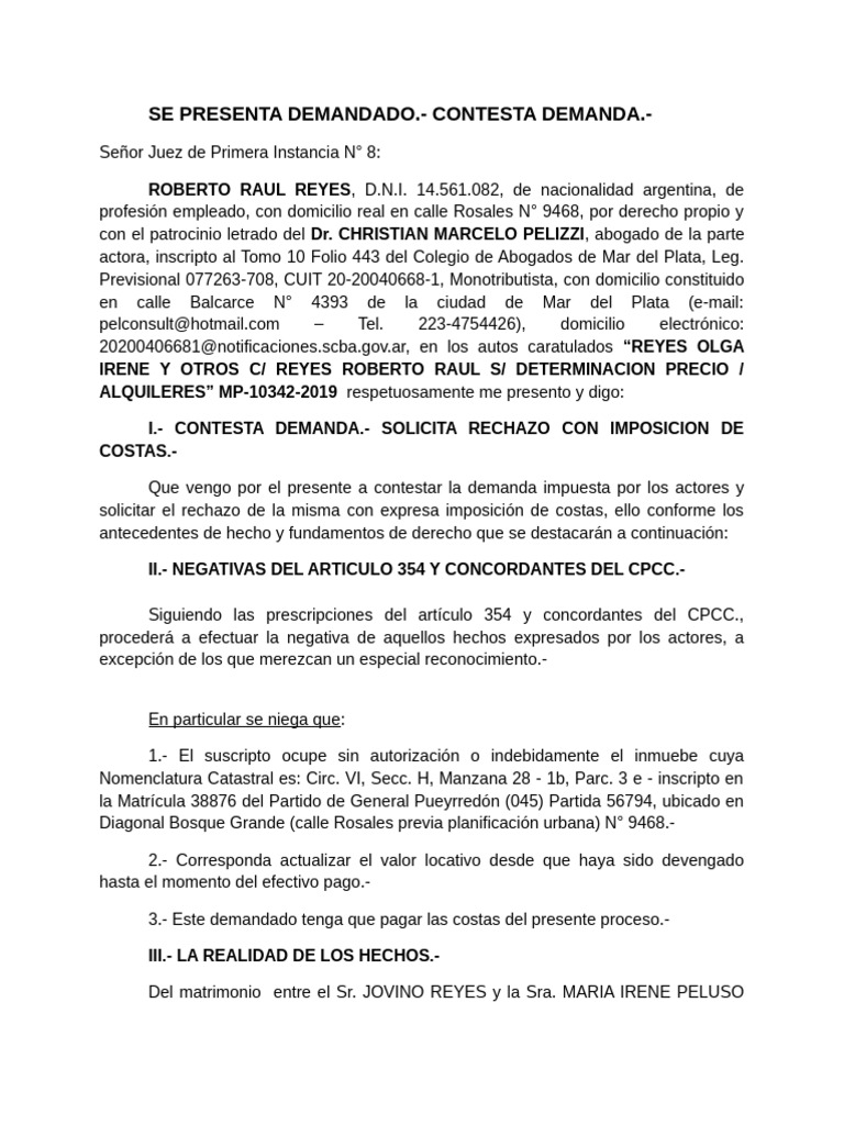 Contestación de Demanda de Alquileres | PDF | Demanda judicial | Herencia