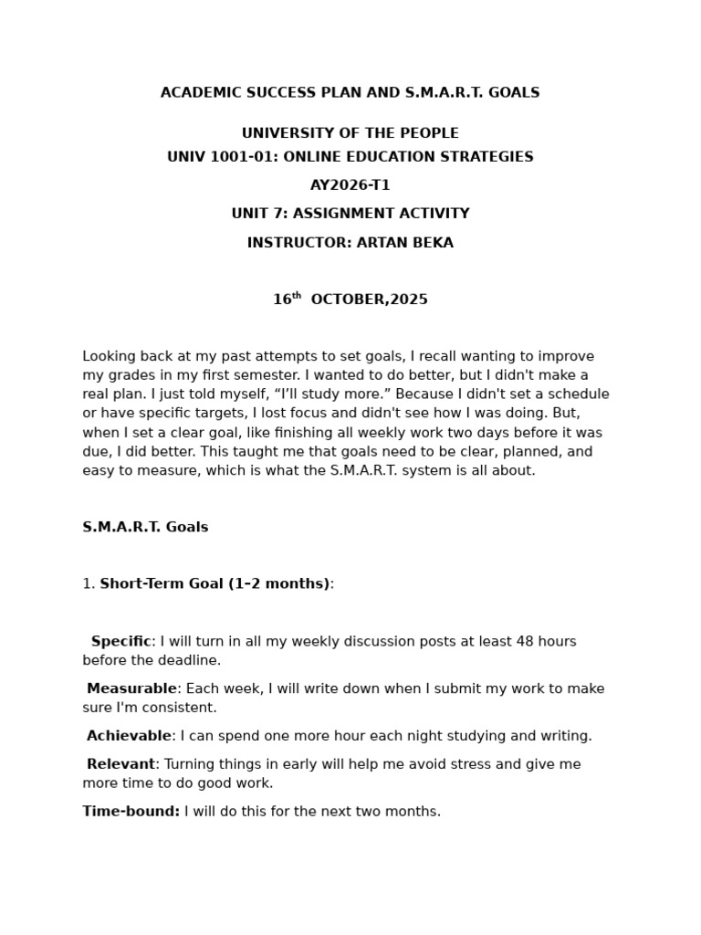 Academic Success Plan with S.M.A.R.T. Goals | PDF | Goal | Time Management