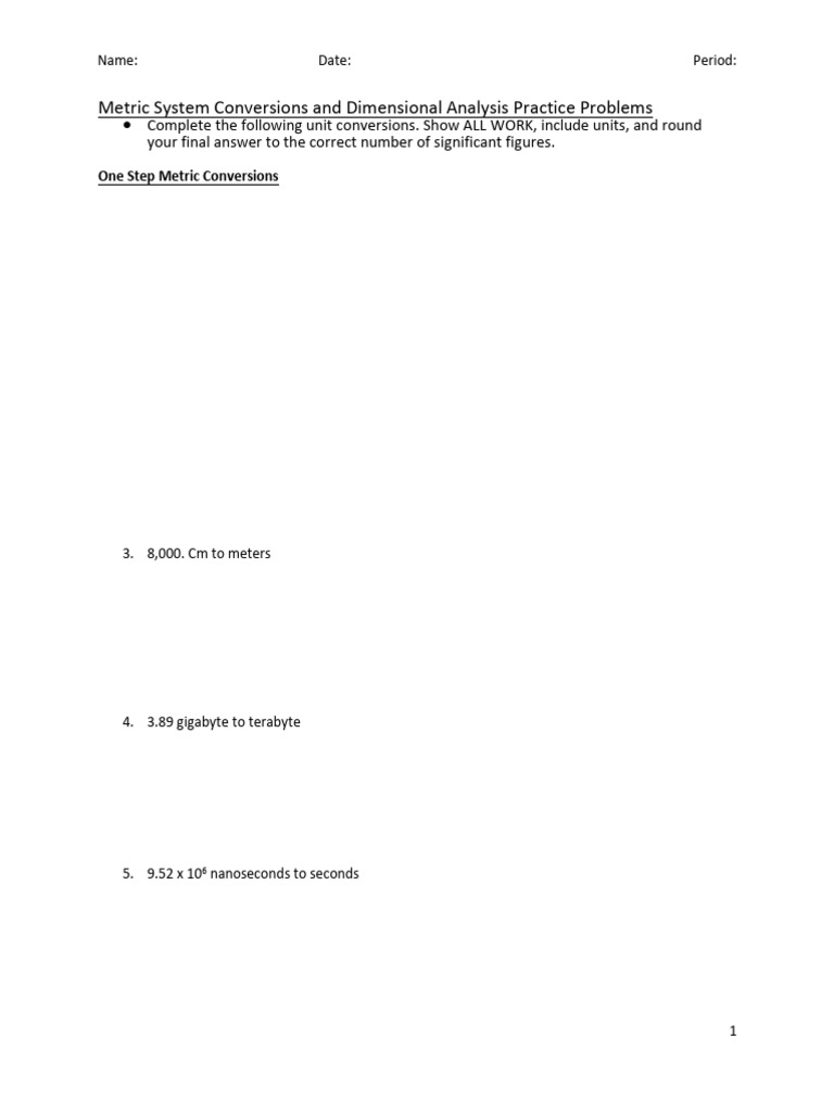 Metric System Conversions and Dimensional Analysis Practice Problems | PDF