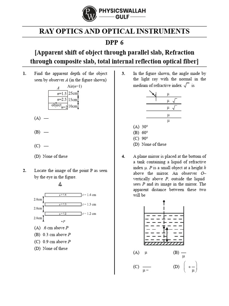 Ray Optics: Refraction & Reflection Problems | PDF | Refraction | Optics
