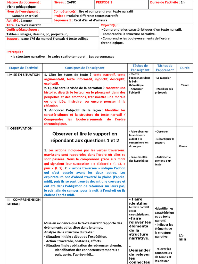 Comprendre le texte narratif en 2APIC | PDF | Pédagogie