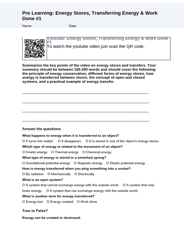 Energy Stores and Transfers Overview | PDF