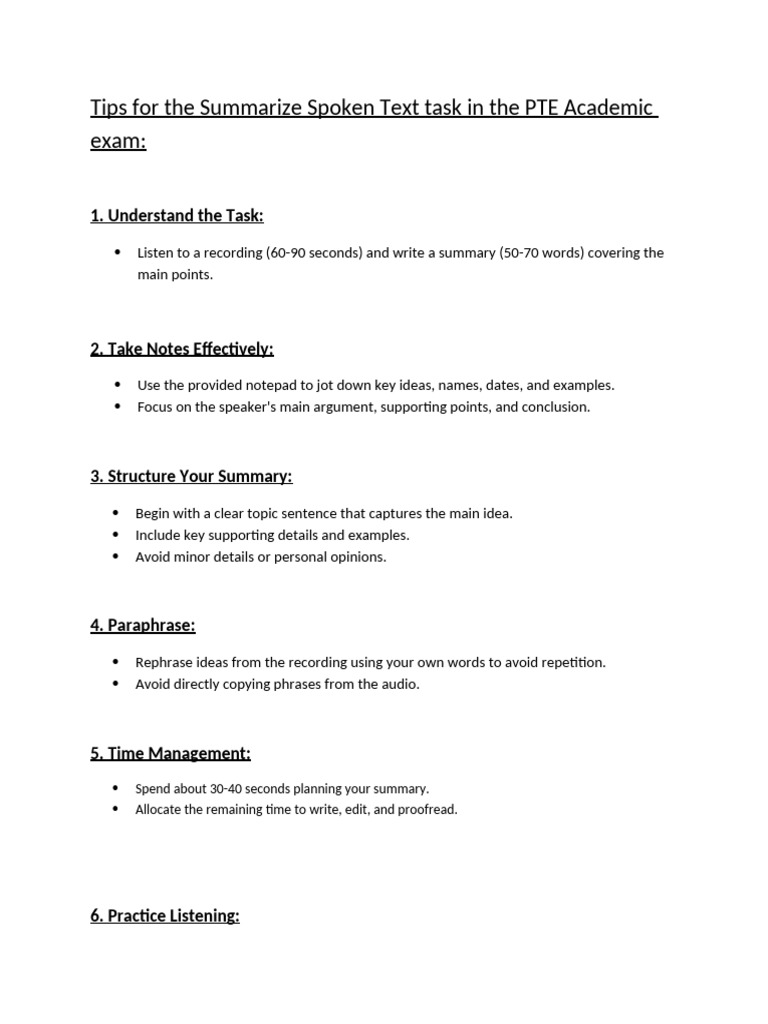 Tips for the Summarize Spoken Text Task in the PTE Academic Exam | PDF