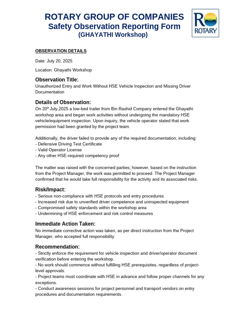 Safety Observation Report Bin Rashid O2 Lowbed | PDF