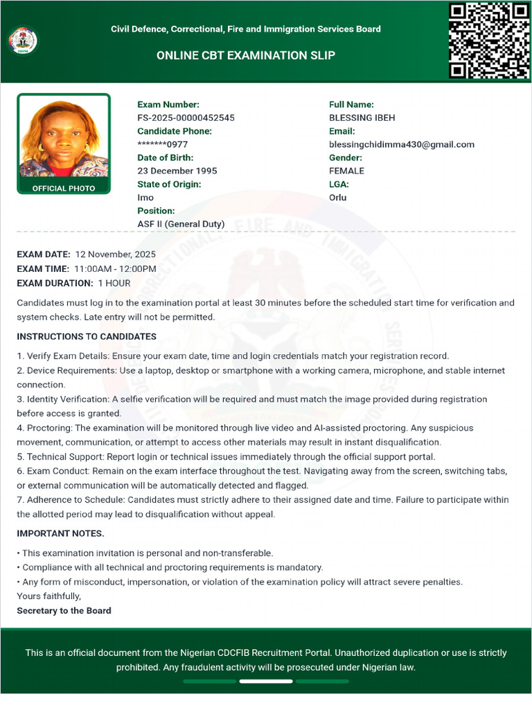 Blessing Chidimma Ibeh Application Slip | PDF