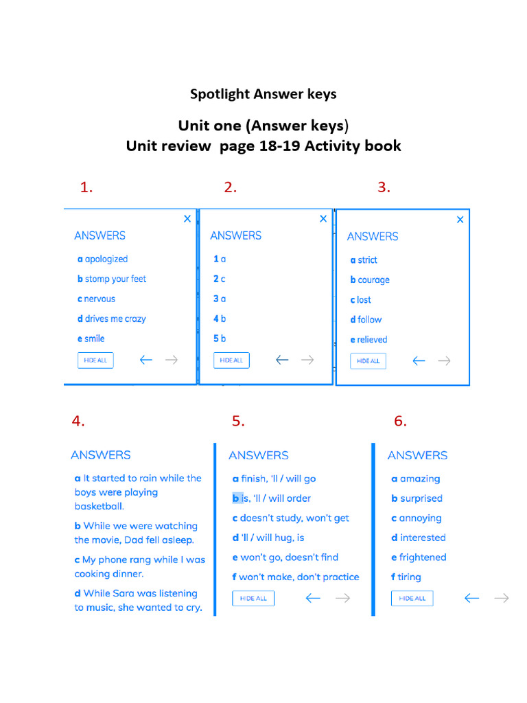 Spotlight Answer Keys for Units 1 & 2 | PDF