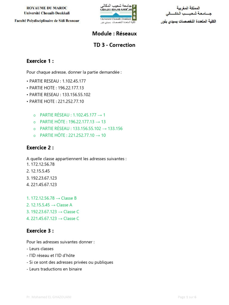 Correction TD Réseaux : Adresses IP et Sous-réseaux | PDF ...