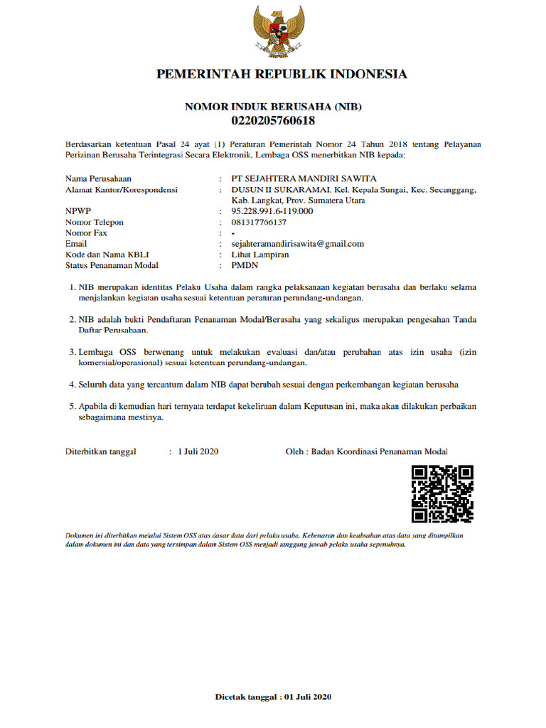 Nomor Induk Berusaha Nib | PDF