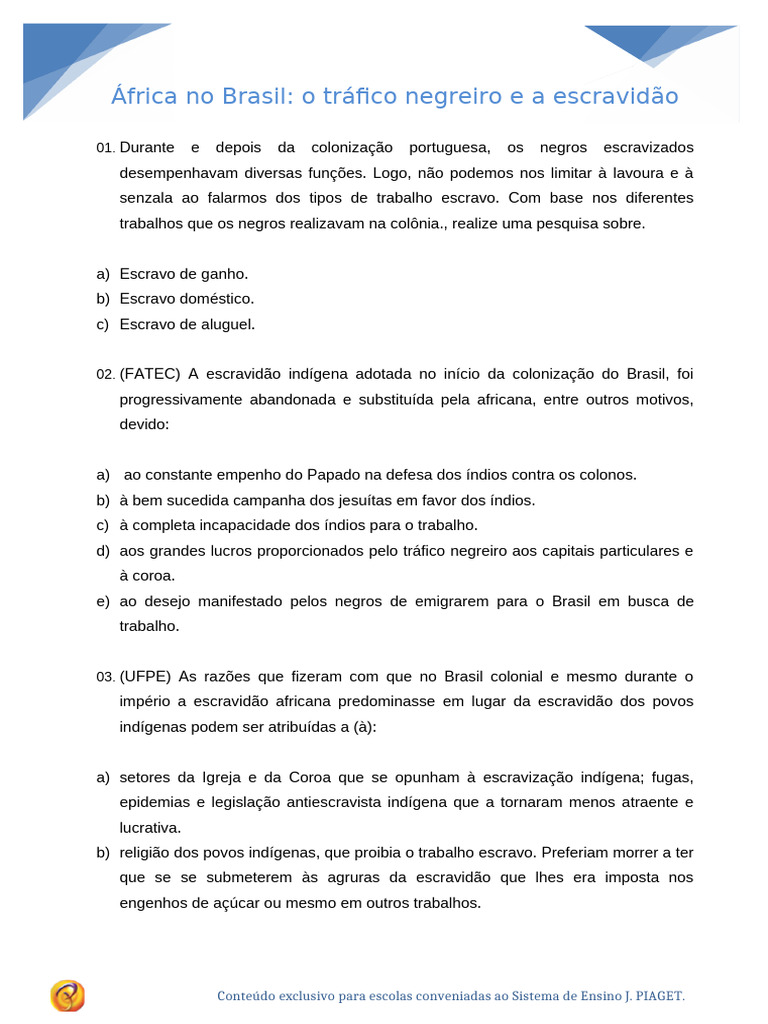 Atividades sobre Tráfico Negreiro 7º Ano | PDF | Escravidão | Povos ...