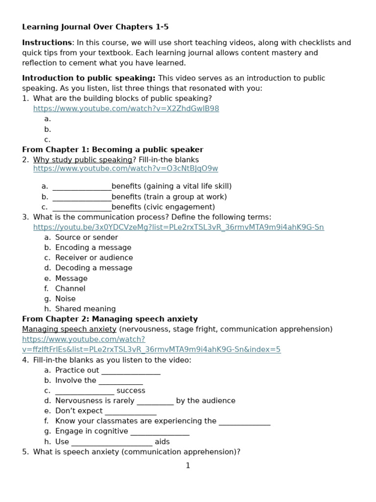 Public Speaking Learning Journal: Chapters 1-5 | PDF | Public Speaking ...