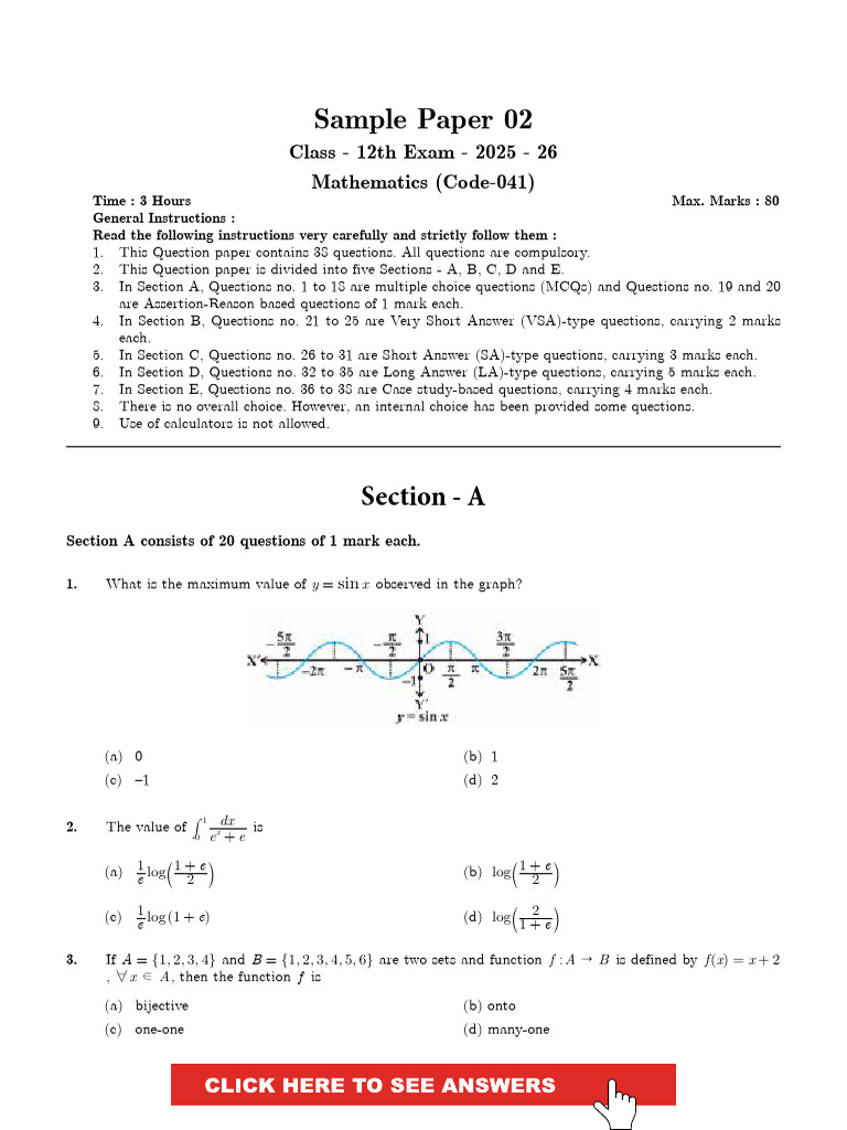 Class 12 Mathematics Sample Paper 2025-26 | PDF | Multiple Choice ...