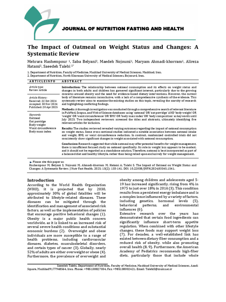 Oatmeal's Impact on Weight Management | PDF | Obesity | Diet (Nutrition)