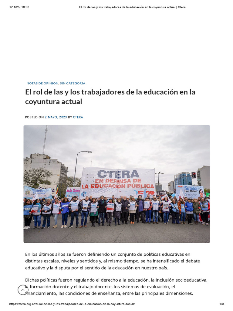 El Rol de Las y Los Trabajadores de La Educación en La Coyuntura Actual ...