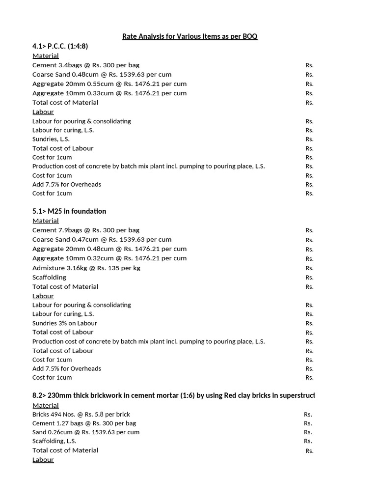 BOQ Rate Analysis for Construction Materials | PDF | Concrete | Tile