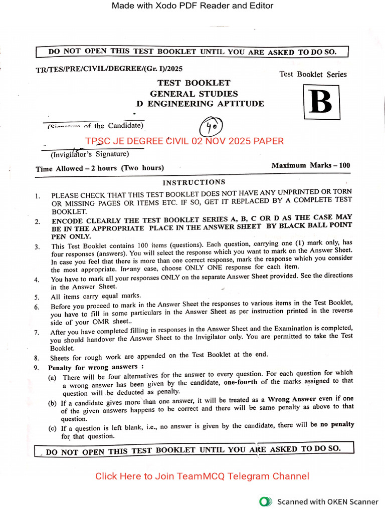 TPSC JE Civil Exam Paper 2025 | PDF