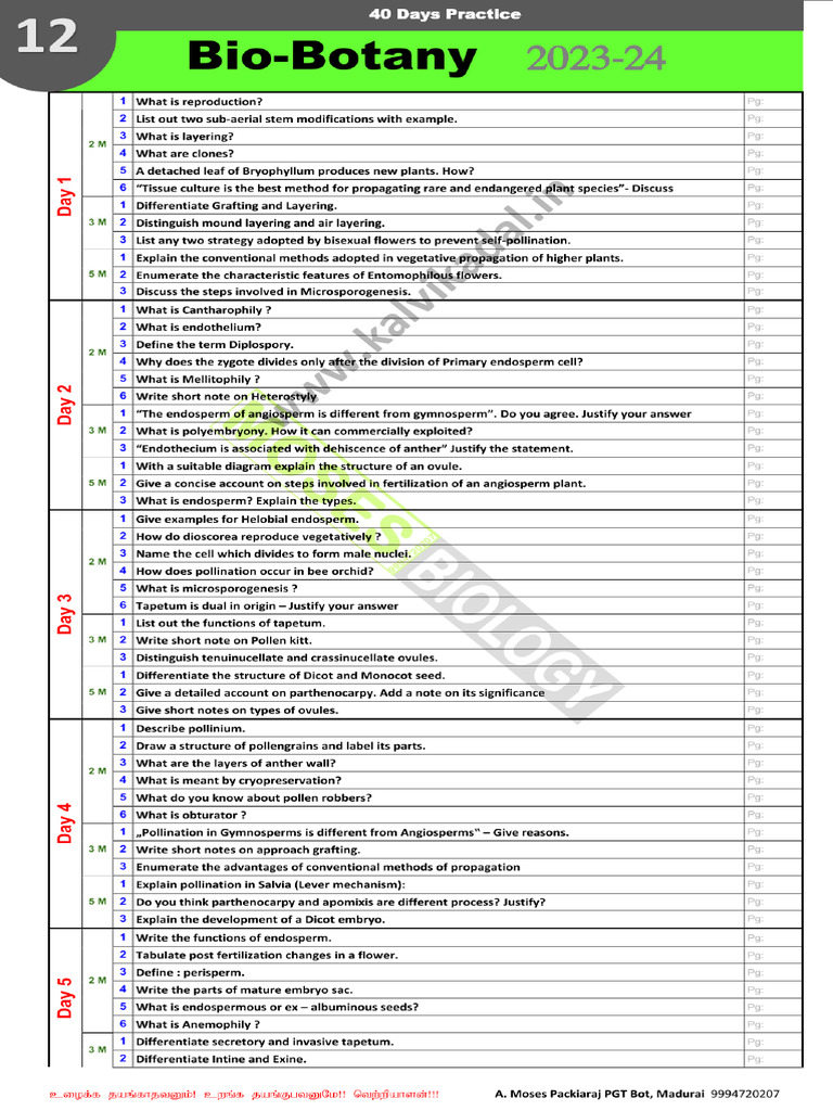 12th Bio - Botany 40 Days Practice EM 23-24 | PDF