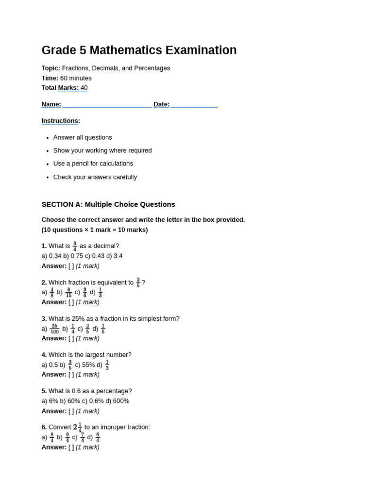 Grade 5 Math: Fractions, Decimals, Percentages Exam | PDF | Arithmetic ...