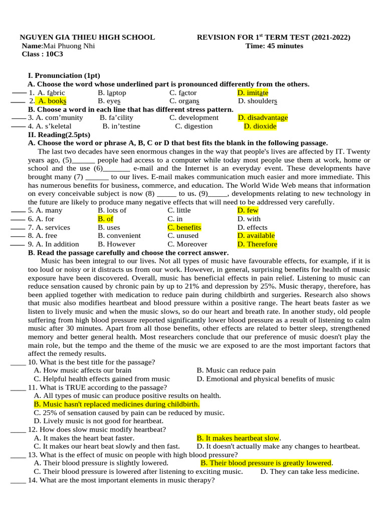 REVISION FOR 1st MID - TERM TEST (20-21) | PDF | Pain | Heart Rate