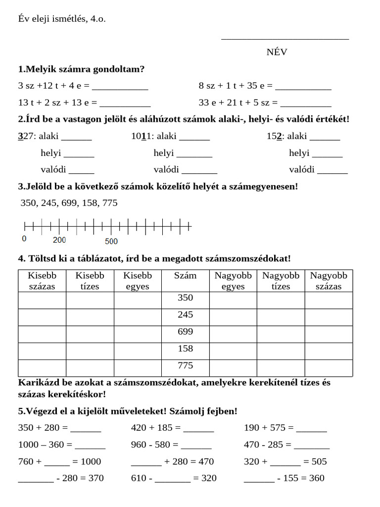 Felmérés-Év Eleji Ismétlés, 4.o. | PDF