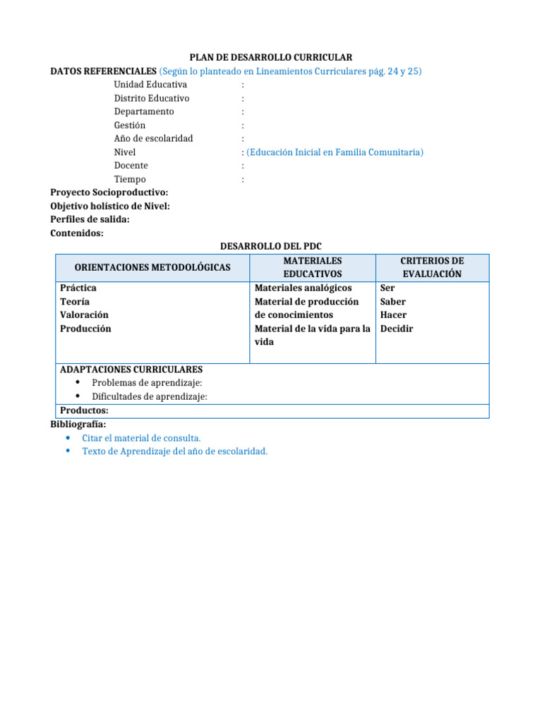 Plan Curricular Educación Inicial Bolivia | PDF | Plan de estudios