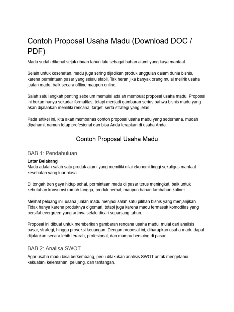 Contoh Proposal Usaha Madu Murni | PDF