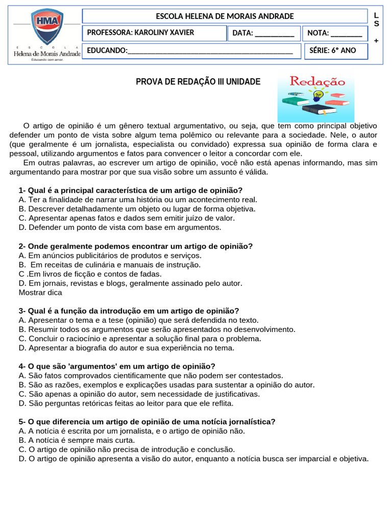 Prova Redação 6º Ano III Unidade | PDF
