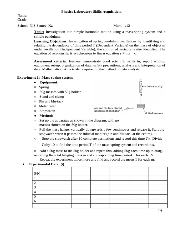 Simple Harmonic Motion Lab Guide | PDF | Oscillation | Experiment