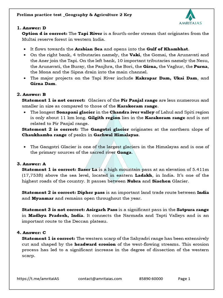 Geography & Agriculture Prelims Test Key | PDF | Monsoon | Physical ...
