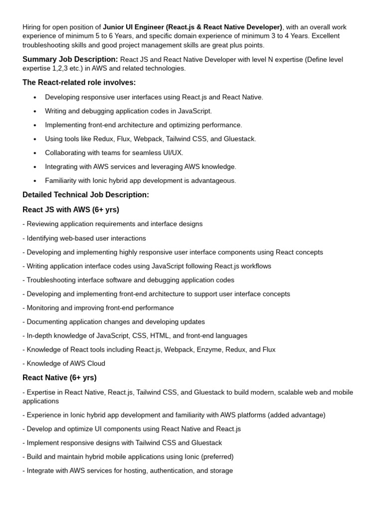 Junior UI Engineer (React.js & AWS) | PDF | Web Application | Mobile App