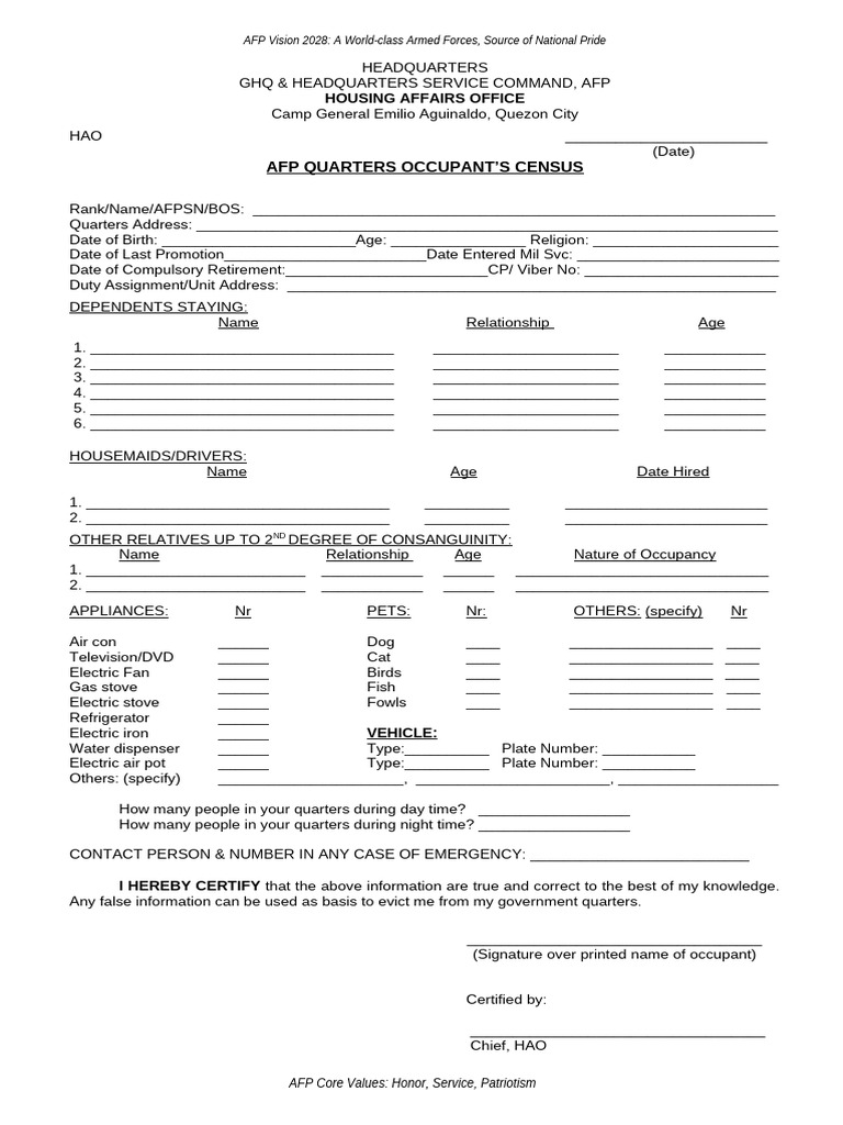 AFP Quarters Occupant Census Form | PDF
