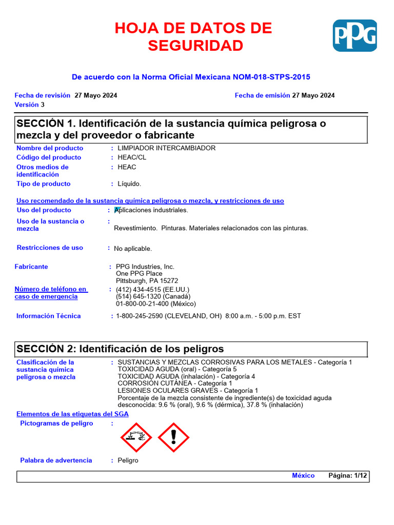 Hoja de Seguridad Limpiador HEAC | PDF | Residuos | Agua