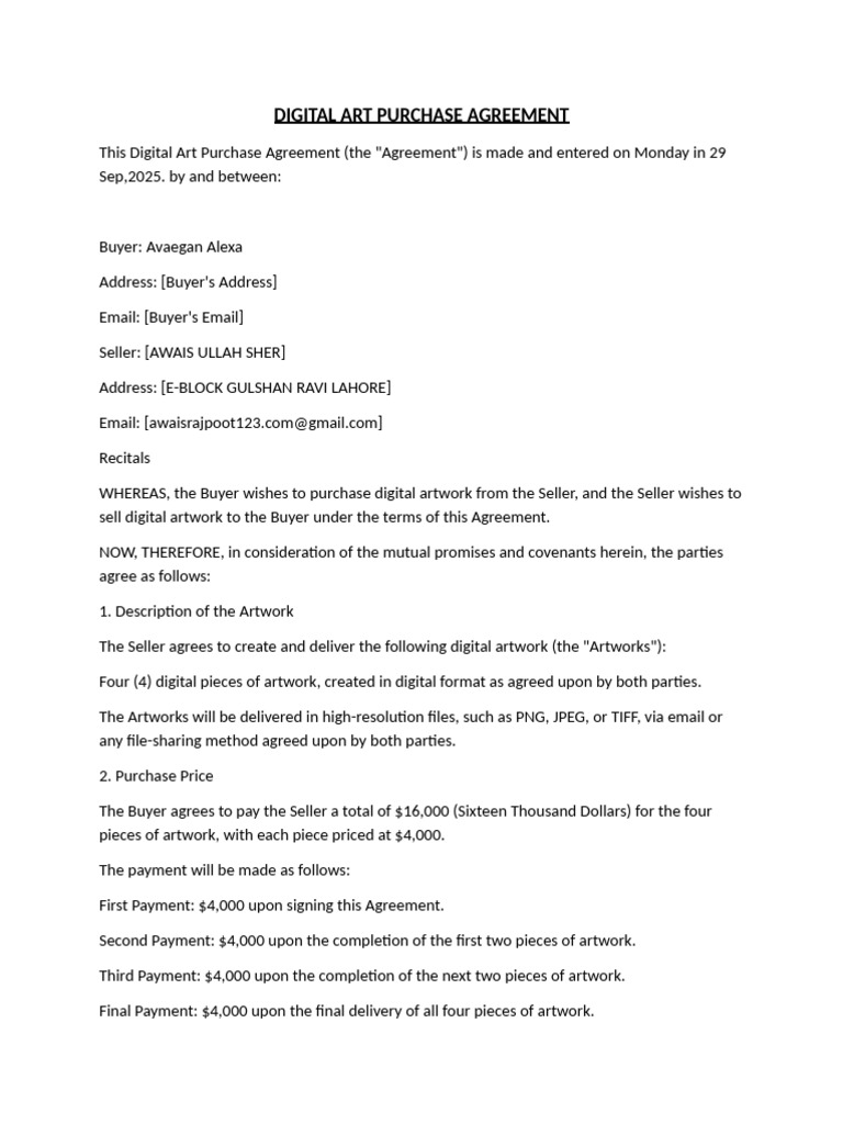 Digital Art Purchase Agreement Template | PDF | Mediation | Common Law