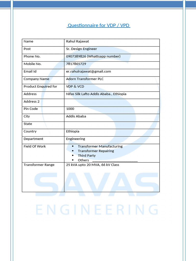 VDP Questionnaire for Transformer Projects | PDF | Transformer | Vacuum