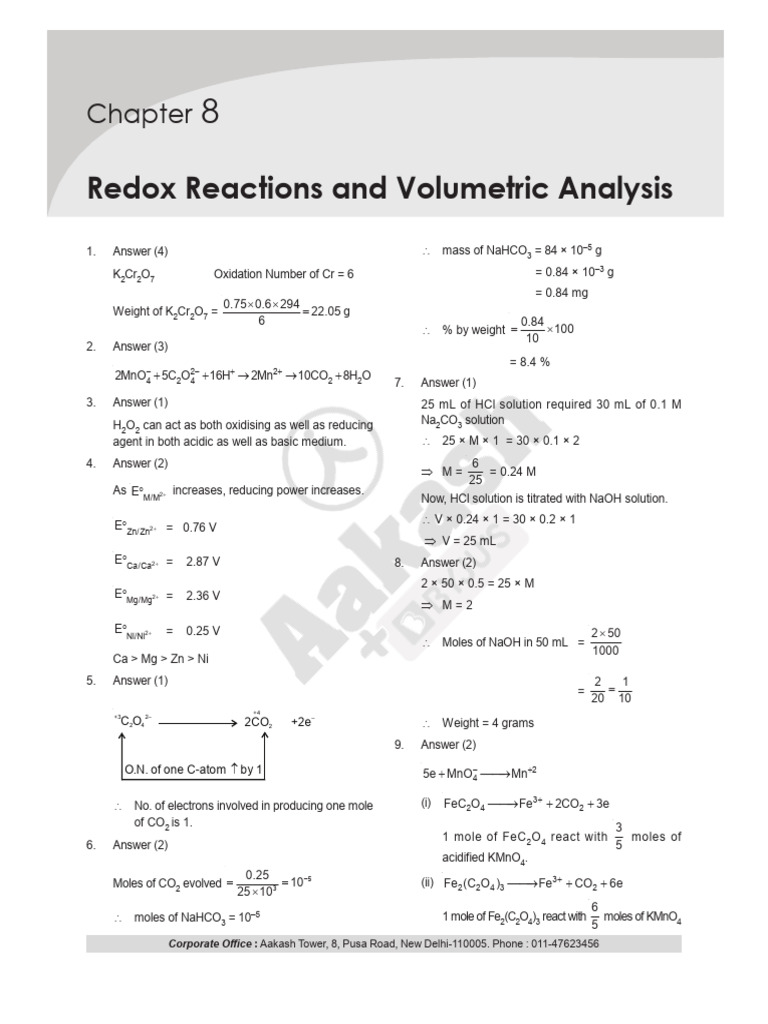 Redox Reactions and Volumetric Analysis Guide | PDF | Titration | Chemistry
