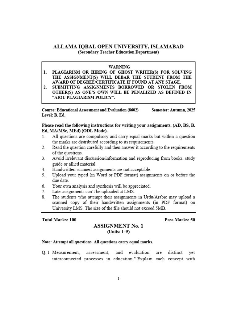 AIOU B.Ed Assignment Guidelines 2025 | PDF | Educational Assessment ...