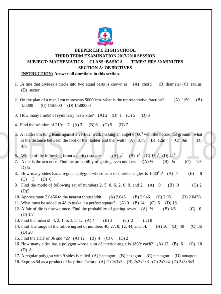 Basic 8 Mathematics Exam 2017/2018 | PDF | Circle | Geometric Shapes