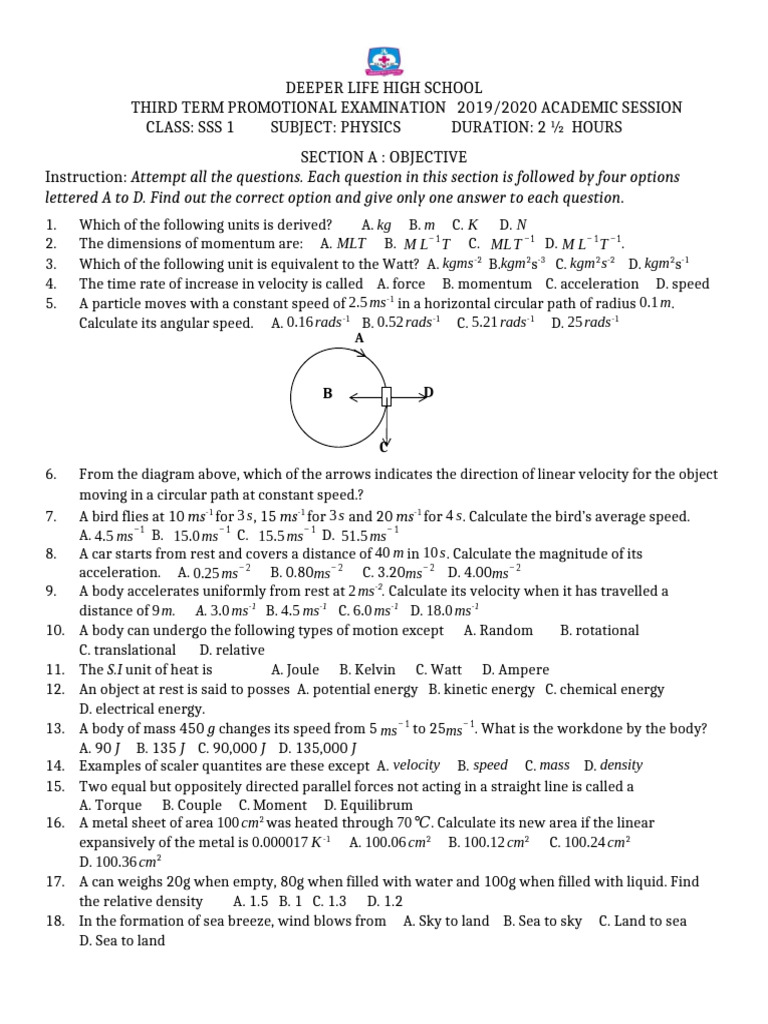 SSS 1 Physics Promotional Exam 2019/2020 | PDF | Force | Acceleration