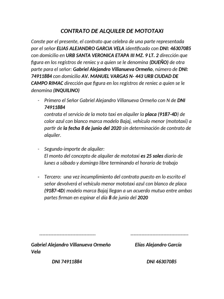 Contrato de Alquiler de Mototaxi | PDF