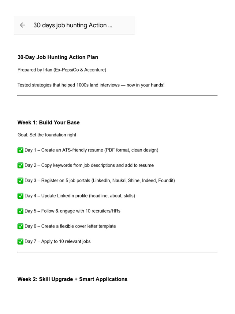 30-Day Job Hunting Action Plan | PDF | Résumé | Linked In