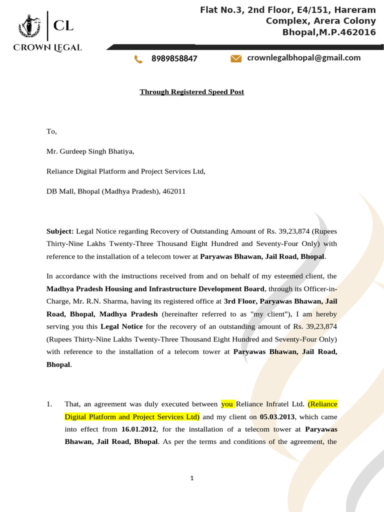Legal Notice for Outstanding Payment Recovery | PDF | Business Law ...