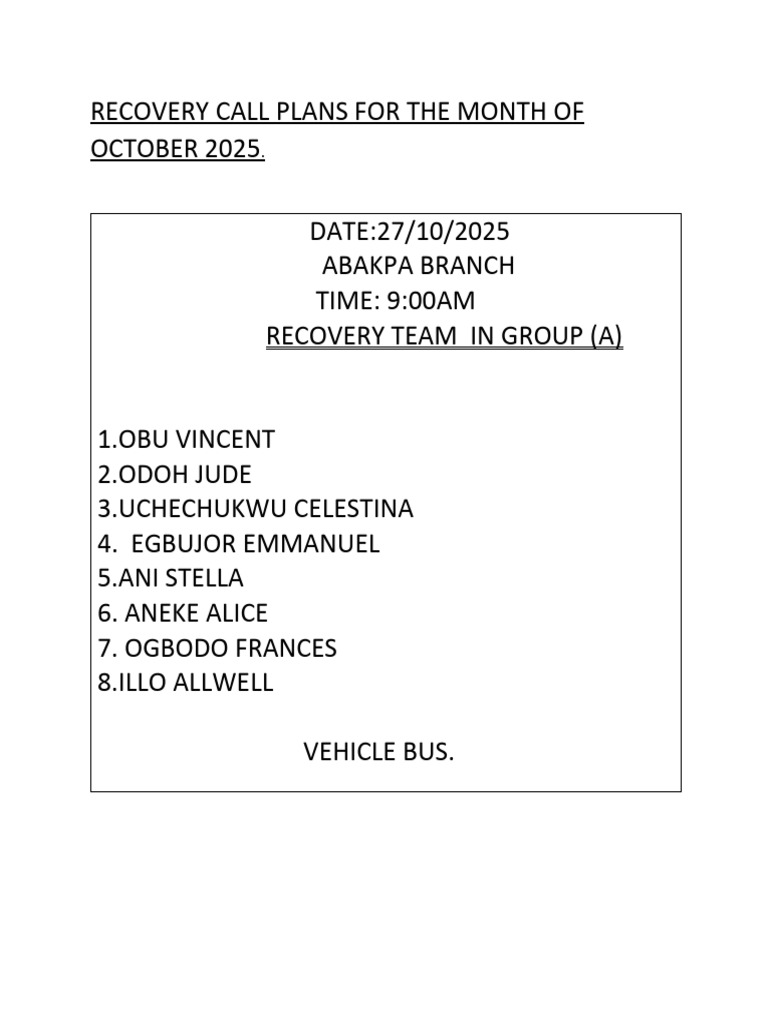 October 2025 Recovery Call Plans | PDF