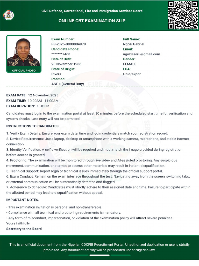 Ngozi Azeru Gabriel Application Slip | PDF