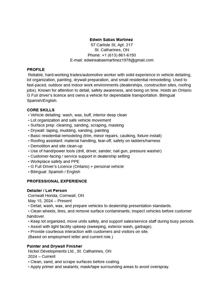 Skilled Trades and Automotive Resume | PDF | Drywall
