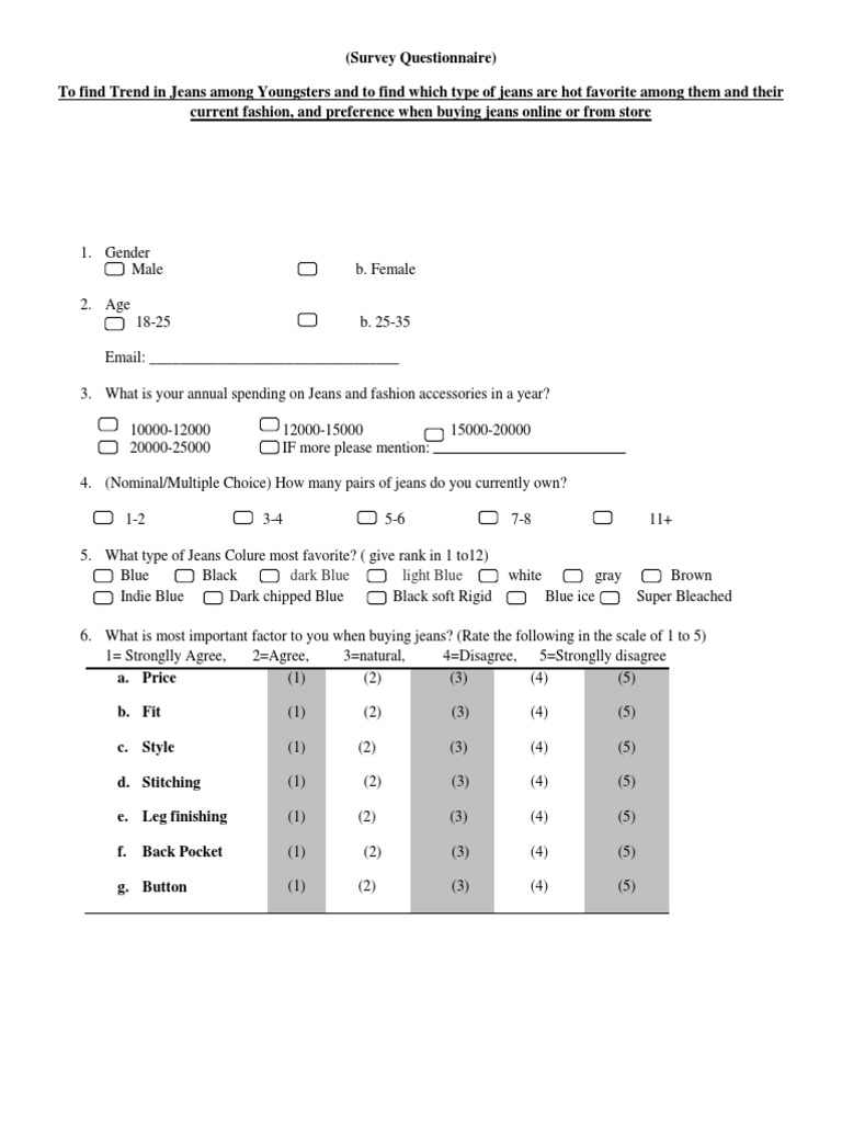 BRM Survey Questionnaire PDF Jeans Fashion