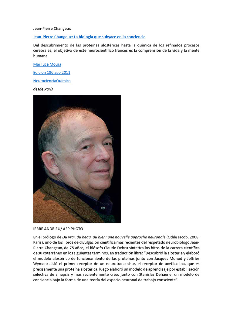 Jean-Pierre Changeux La biología que subyace en la conciencia | PDF ...